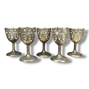 Vintage Shot Cordial Glass Holders Ornate Filigree Metal Stem Japan Made